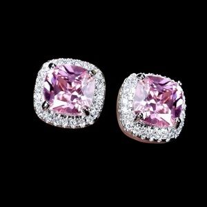 #293 | 18K White Gold, Cushion-Cut Pink Stone with Clear Halo Stud Earrings